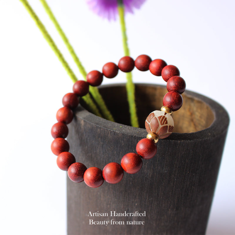 Buddhist Handcrafted Nature Sandalwood Bracelet for "Patience & Health" with Hand-carved Lotus Flower Charm