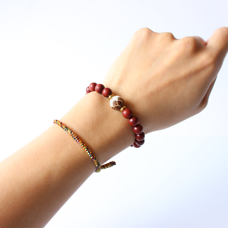 Buddhist Handcrafted Nature Sandalwood Bracelet for "Patience & Health" with Hand-carved Lotus Flower Charm