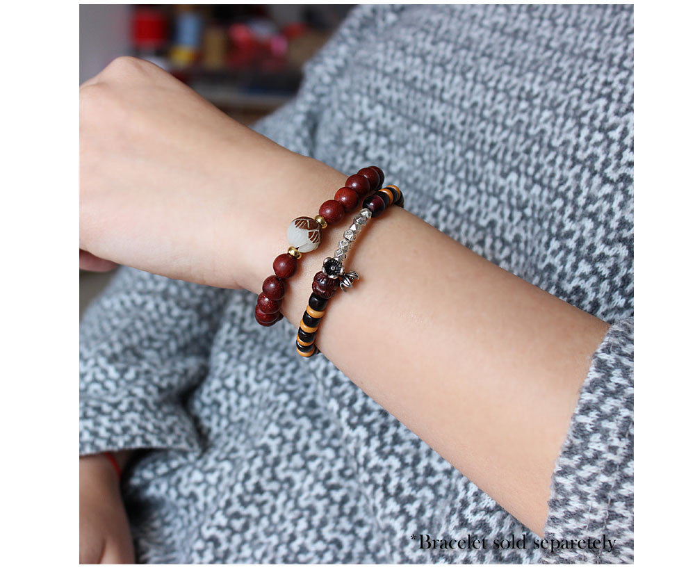 Buddhist Handcrafted Nature Sandalwood Bracelet for "Patience & Health" with Hand-carved Lotus Flower Charm