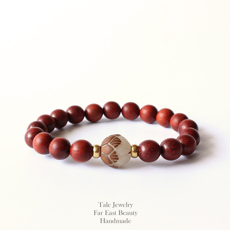 Buddhist Handcrafted Nature Sandalwood Bracelet for "Patience & Health" with Hand-carved Lotus Flower Charm