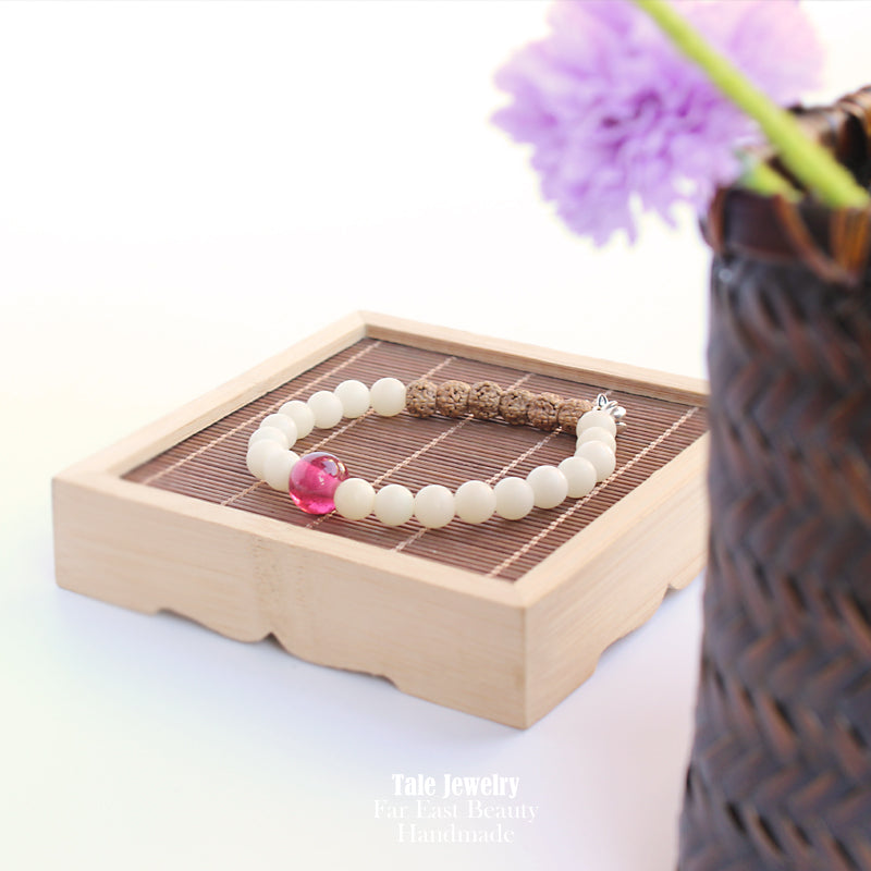 Buddhist Handcrafted Nature Sandalwood Bracelet for "Devotion & Diligence" (made with Organic White Bodhi & Rudraksha Seeds)