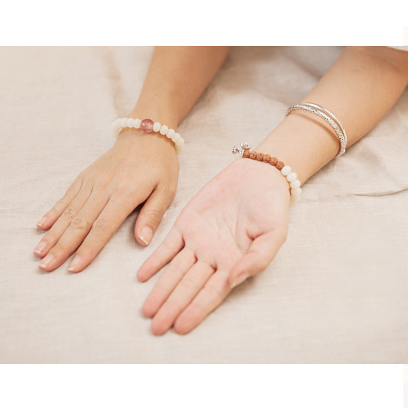 Buddhist Handcrafted Nature Sandalwood Bracelet for "Devotion & Diligence" (made with Organic White Bodhi & Rudraksha Seeds)
