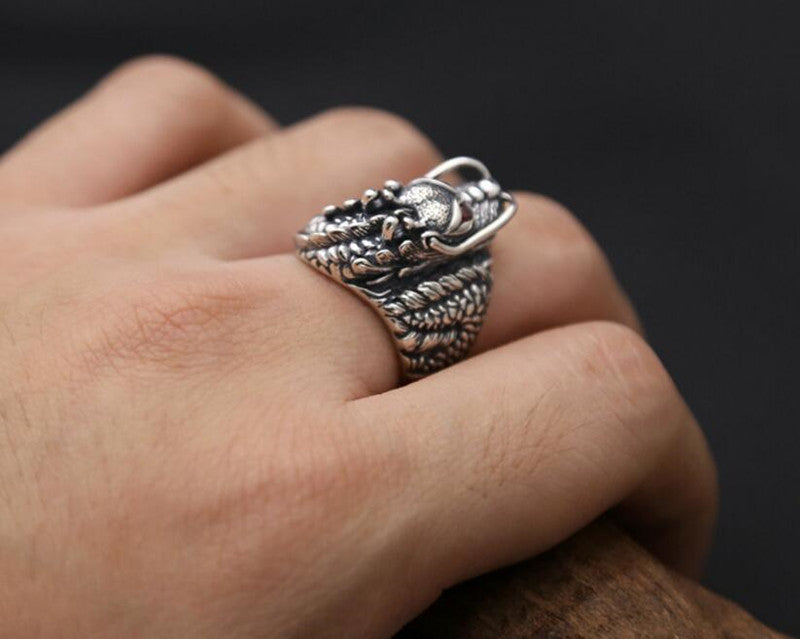 Ancient Dragon Ring of Protection (For Men) (Silver)