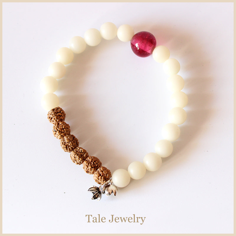 Buddhist Handcrafted Nature Sandalwood Bracelet for "Devotion & Diligence" (made with Organic White Bodhi & Rudraksha Seeds)